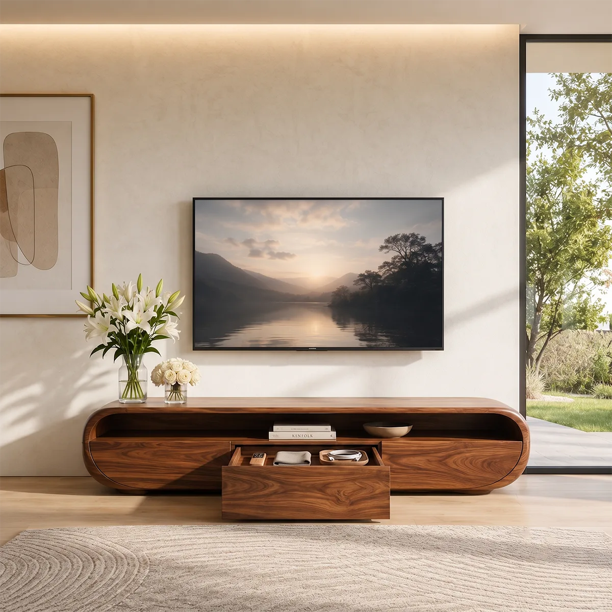 Organic Modern TV Stand with Open Shelf & 3 Drawers | Modern Media Console TT006-5REB7GU