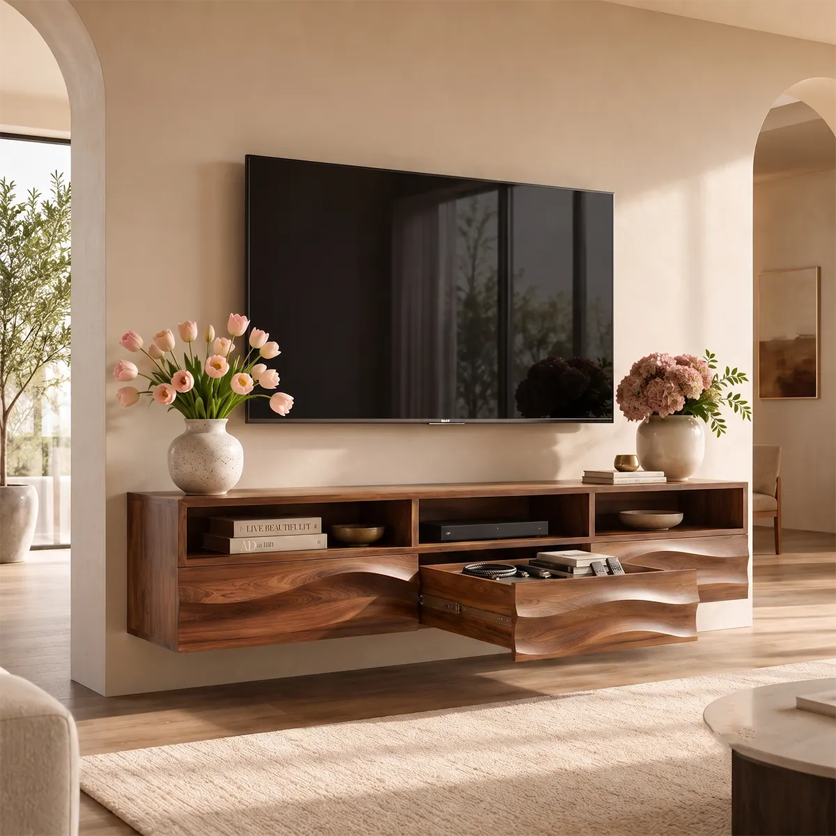 Floating TV Stand with Open Shelving & Three Drawers | Organic Modern Media Console TT006-5IOW6DK