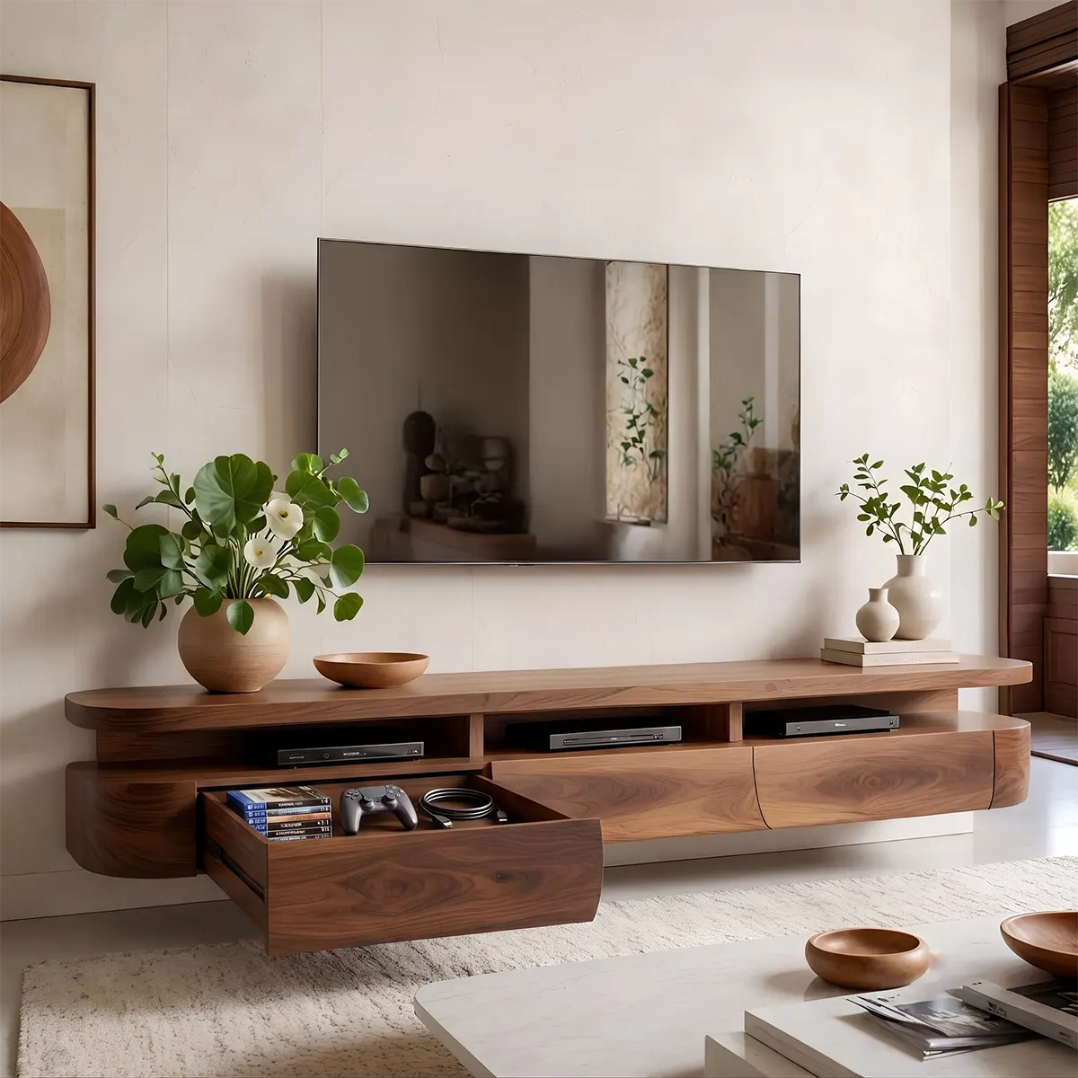 Modern Floating TV Stand with Open Media Shelf & Three Storage Drawers TT006-2WVU2VZ