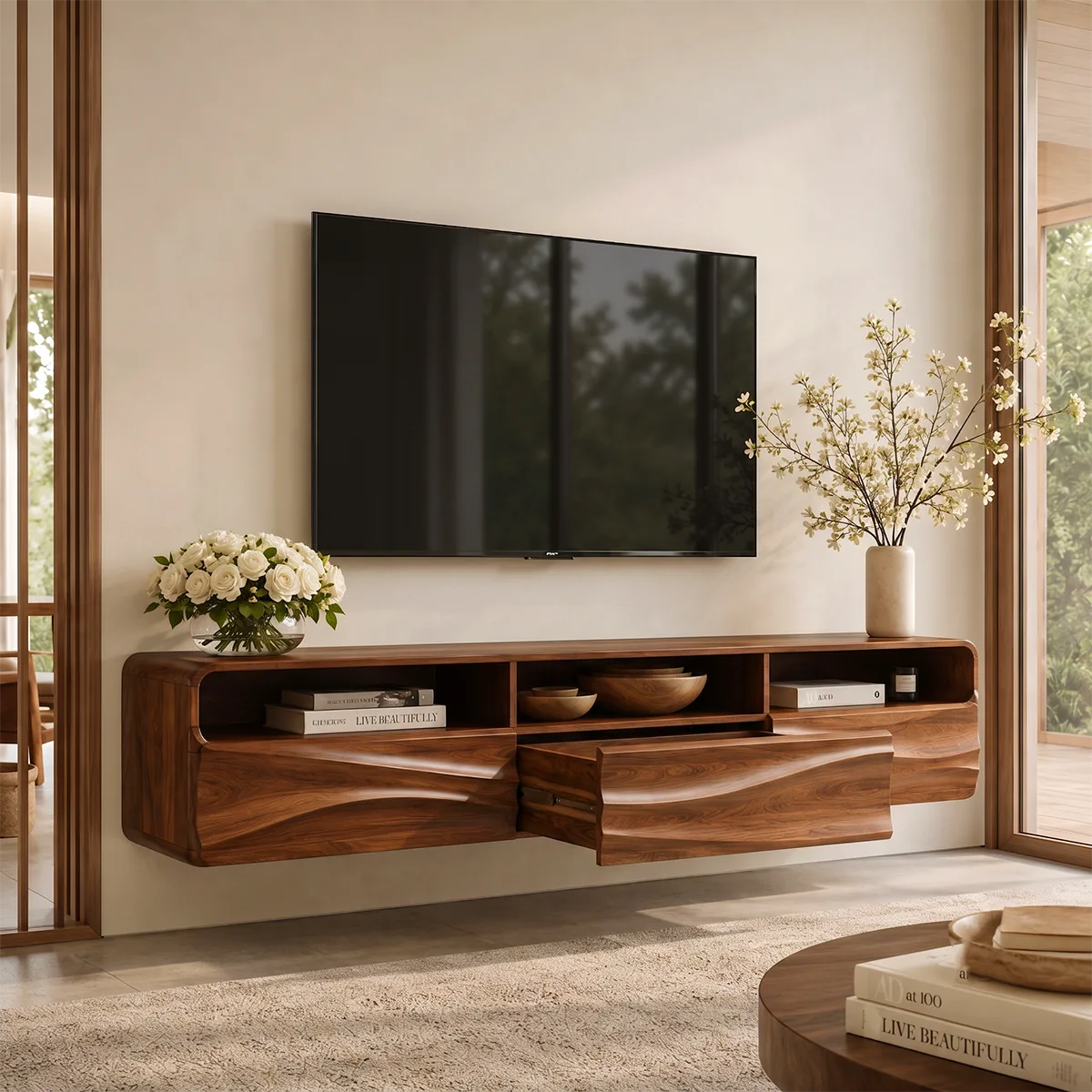 Floating TV Stand with Open Shelving & Three Drawers | Organic Modern TV Console TT006-5STK9KO