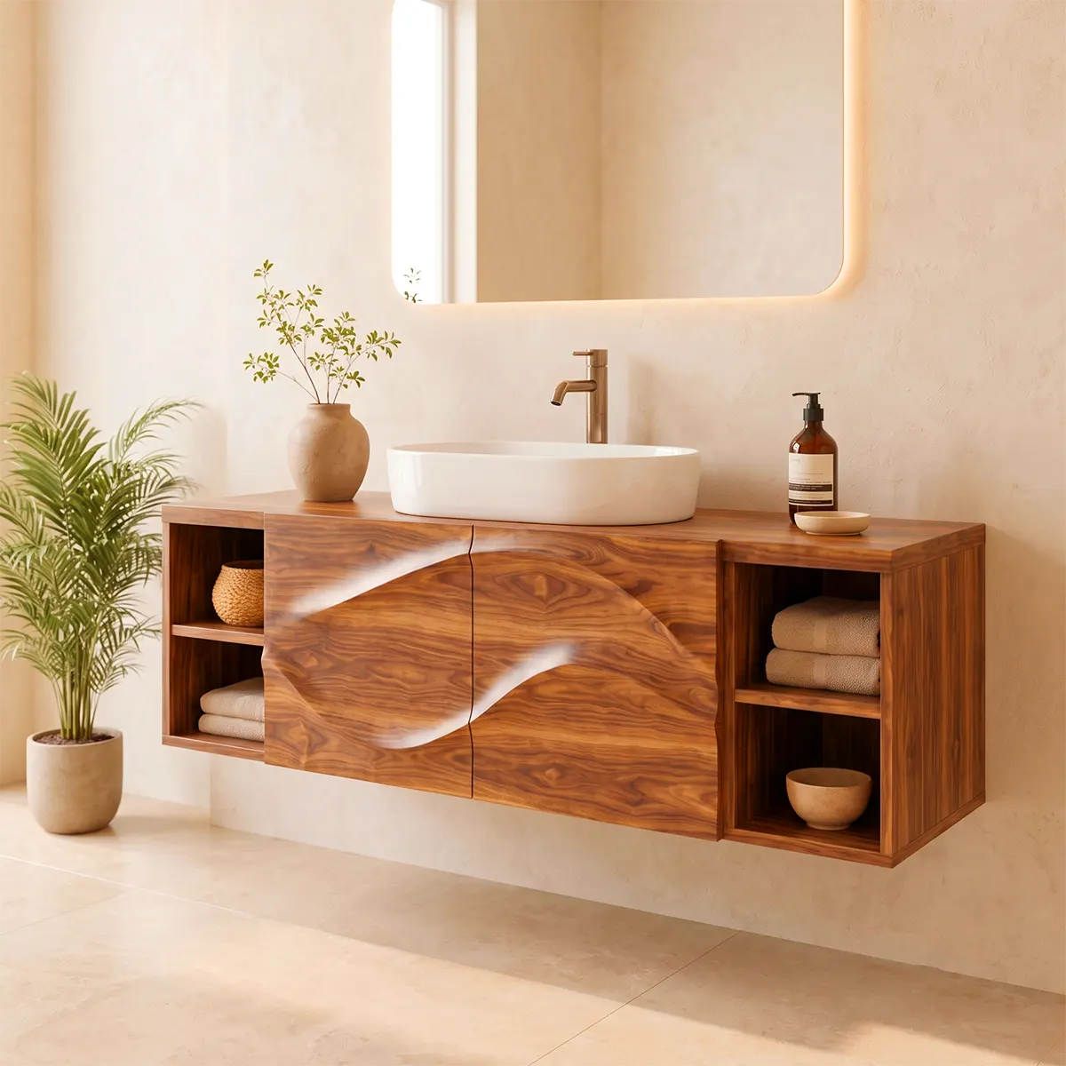 Floating Bathroom Vanity with 2 Carved Wave Doors & 4 Open Storage Compartments