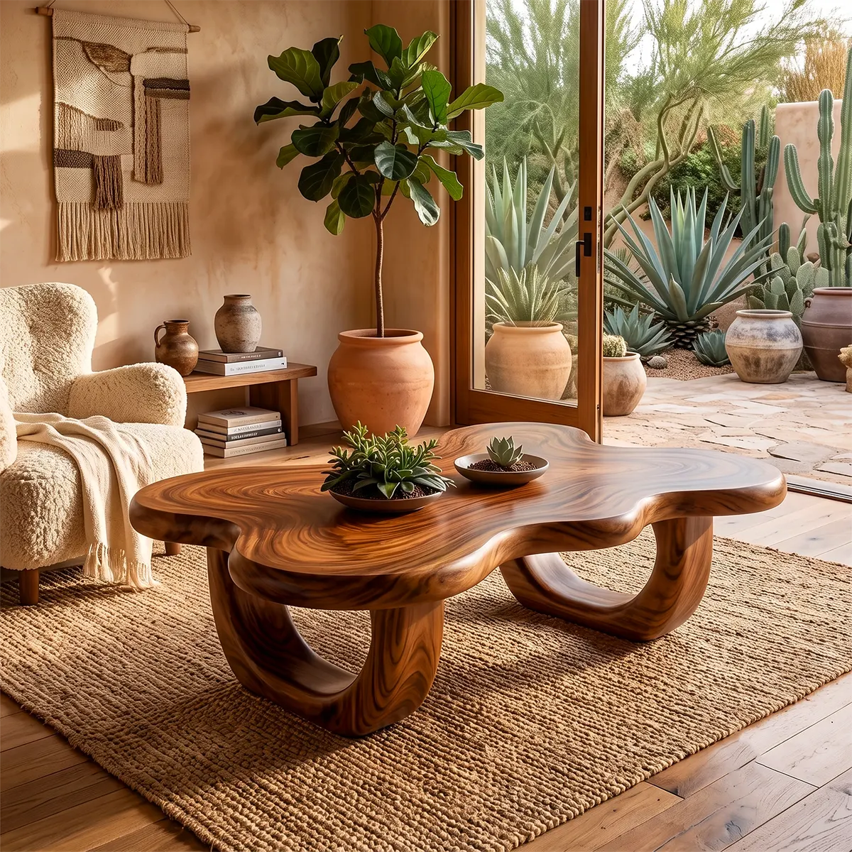 Modern Organic Wood Coffee Table with Freeform Top & Sculptural Base TT006-8349