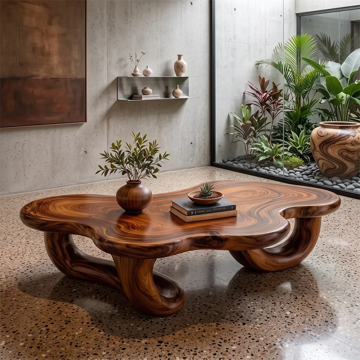 Modern Organic Solid Wood Coffee Table with Sculptural Curved Base TT006-4311
