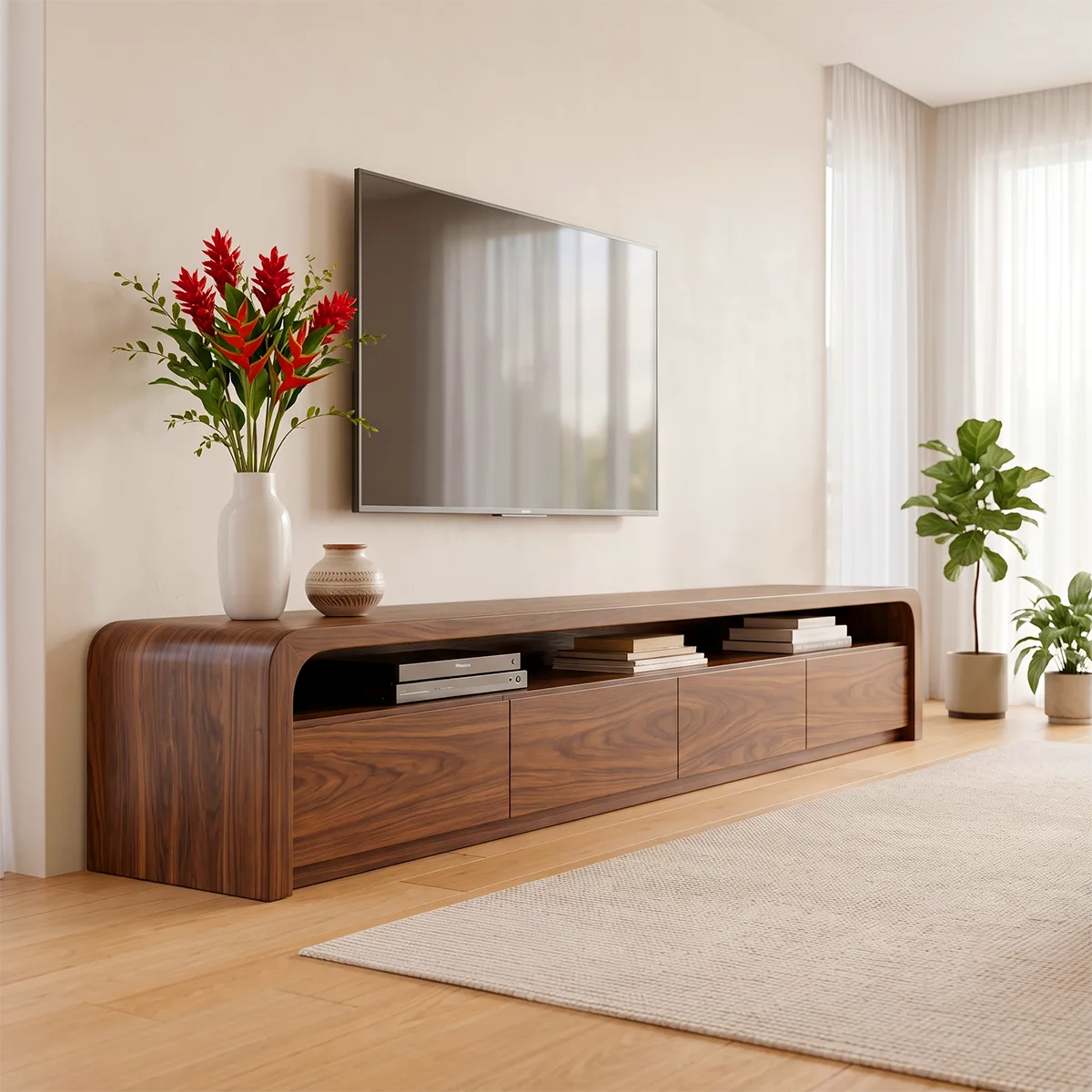 Modern TV Stand with 4 Enclosed Storage Compartments & Long Open Shelf