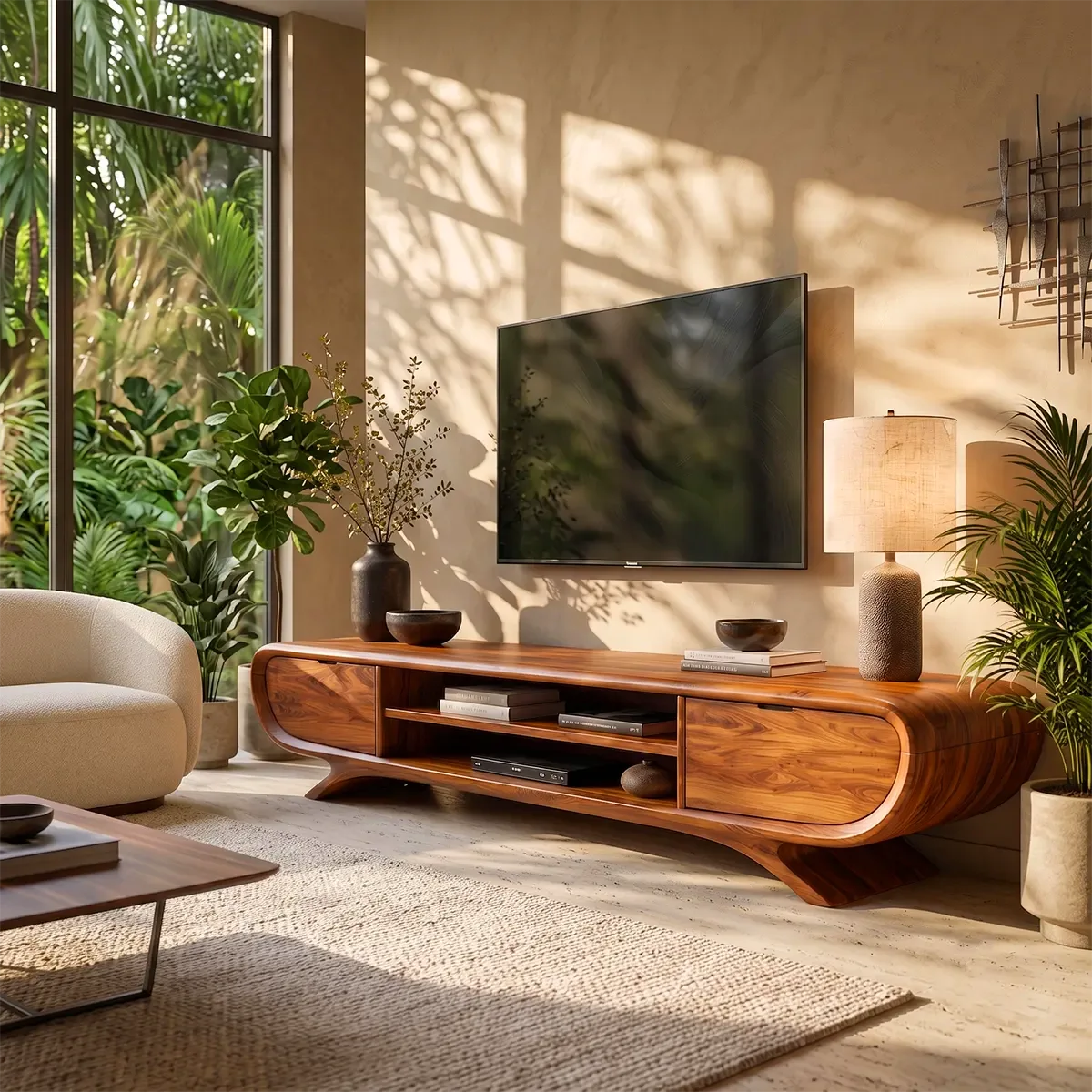 Sculptural Curved TV Stand with Open Media Shelves & Concealed Storage | Modern Entertainment Console