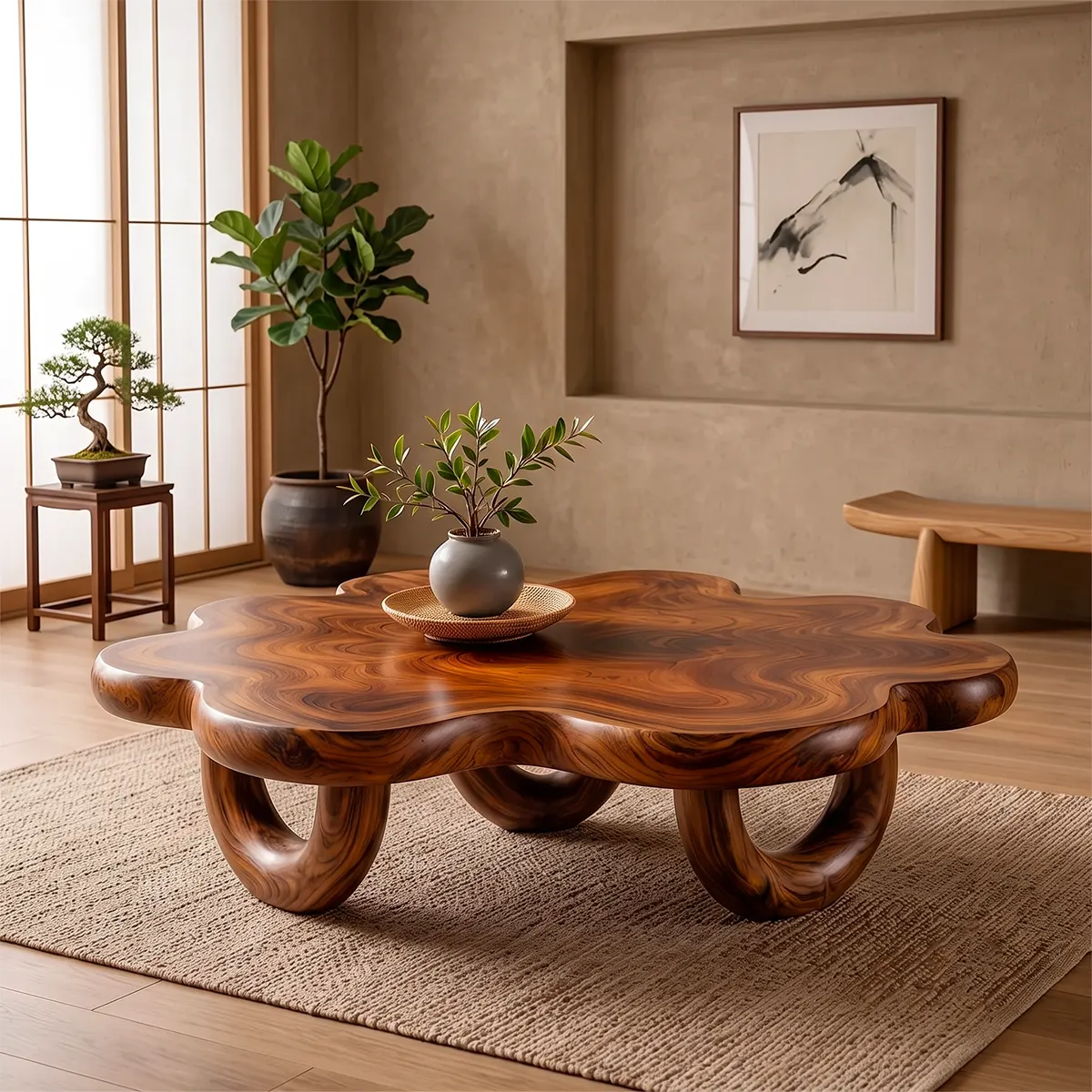 Organic Solid Wood Coffee Table | Sculptural Flower-Shaped Modern Center Table TT006-3040