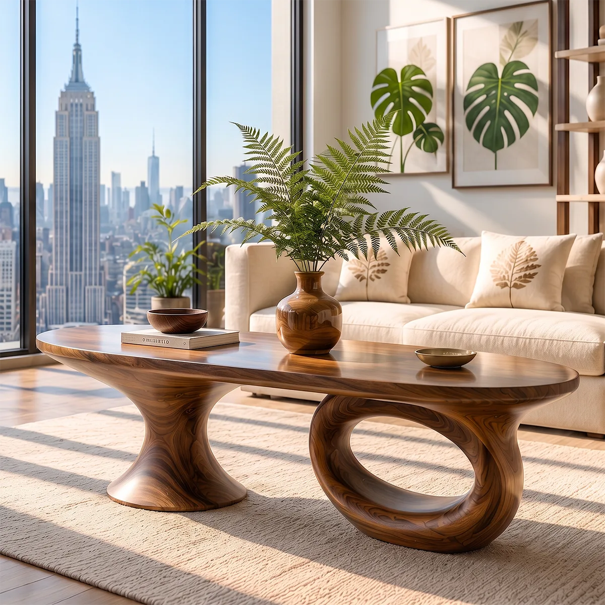 Sculptural Wood Coffee Table with Asymmetrical Pedestal Legs | Organic Modern Oval Center Table