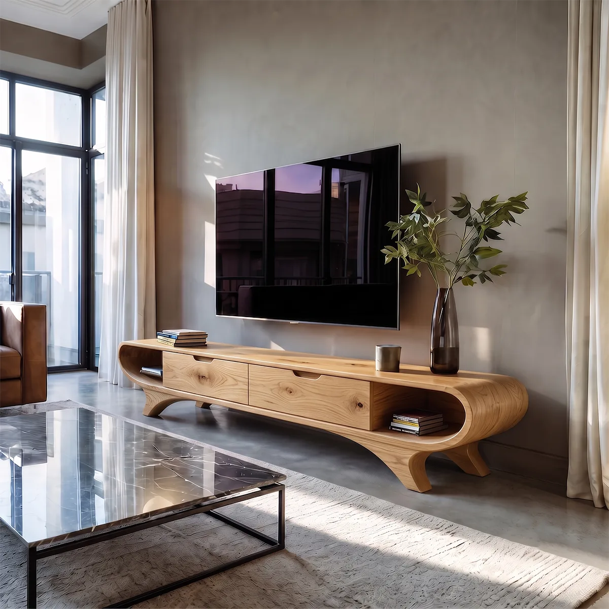 Modern Curved TV Stand with 2 Drawers & Open Side Shelves | Low Profile Media Console
