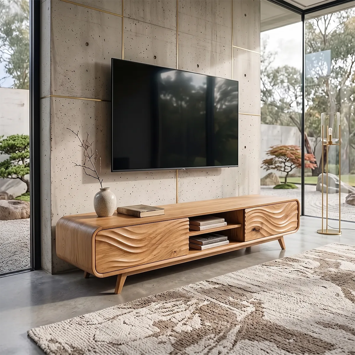 Wave Carved TV Stand with Cabinets & Open Shelves | Modern Media Console TH003-5DZA7TF