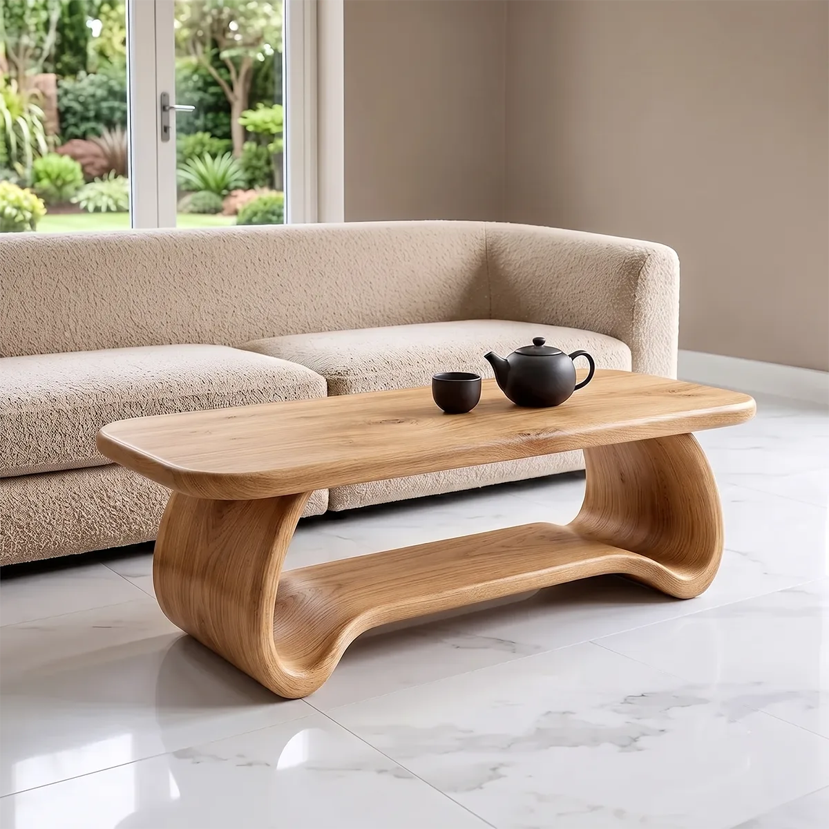 Modern Waterfall Coffee Table | Curved Open Shelf Center Table with Sculptural Base TH003-2431