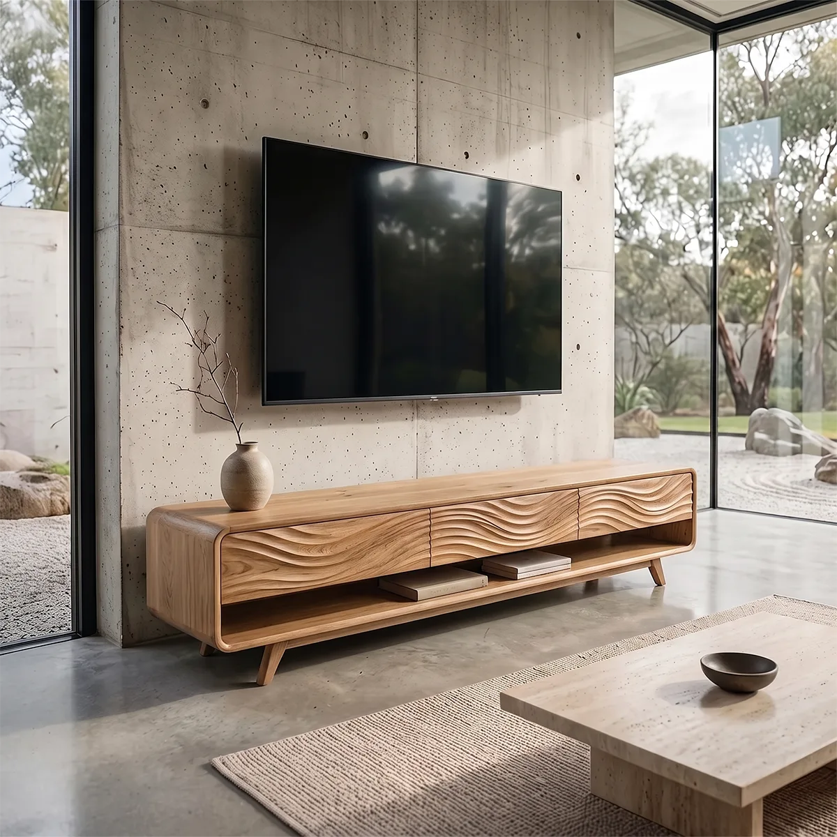 Wave Carved TV Stand with 3 Drawers & Open Shelf | Modern Media Console TH003-7KHK3MC