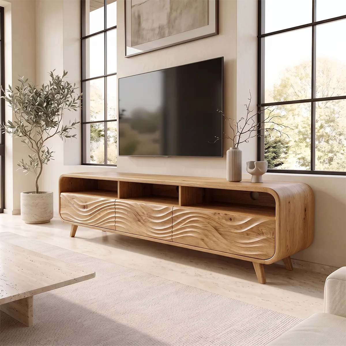 Wave Carved TV Stand with 3 Drawers & Open Shelves | Modern Media Console TH003-5GTN4YH