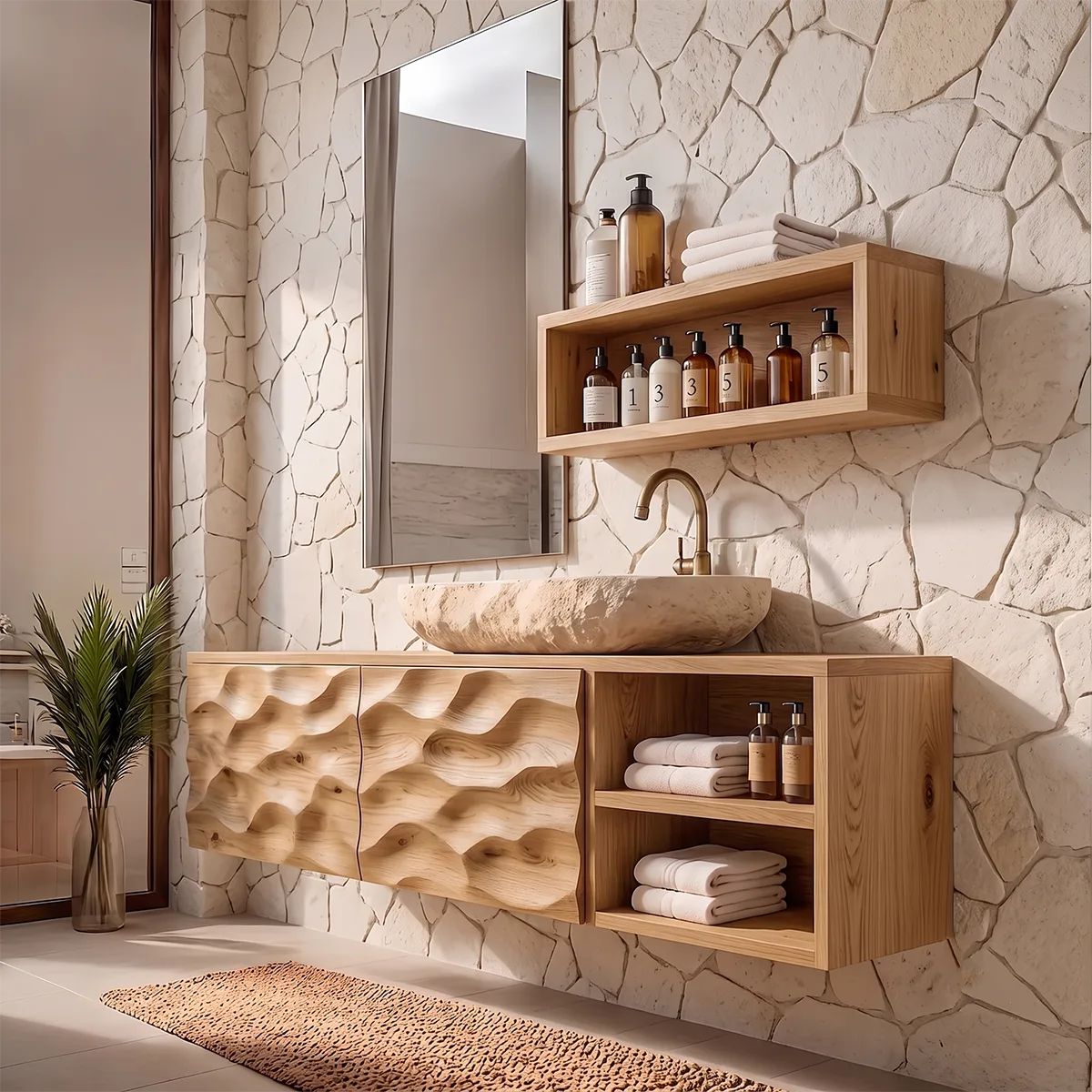 Floating Bathroom Vanity with Sculptural Cabinets & Open Side Shelves | Modern Vanity Cabinet TH003-4JYP9HL