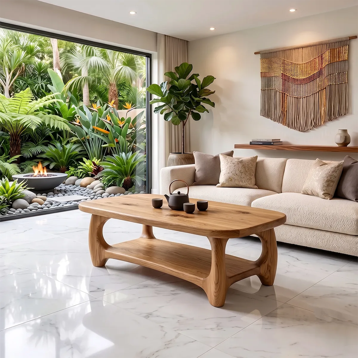 Modern Coffee Table with Open Shelf | Rounded Rectangle Center Table for Contemporary Living Room TH003-8562