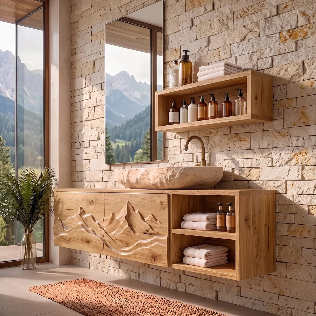 Floating Bathroom Vanity with Mountain Carved Doors & Open Side Shelves TH003-3HMW2TU