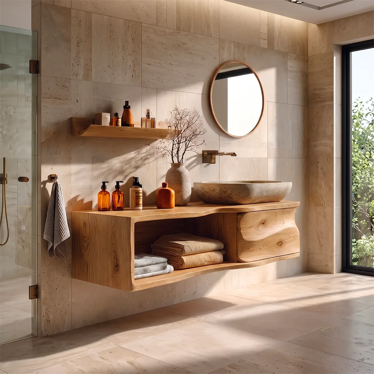 Floating Bathroom Vanity with Sculpted Cabinet & Open Shelf | Modern Wall Mounted Vanity