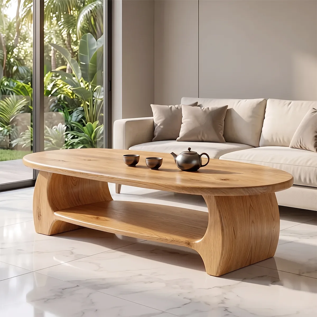 Modern Oval Coffee Table with Open Shelf | Sculptural Wood Center Table for Contemporary Living Room TH003-2398