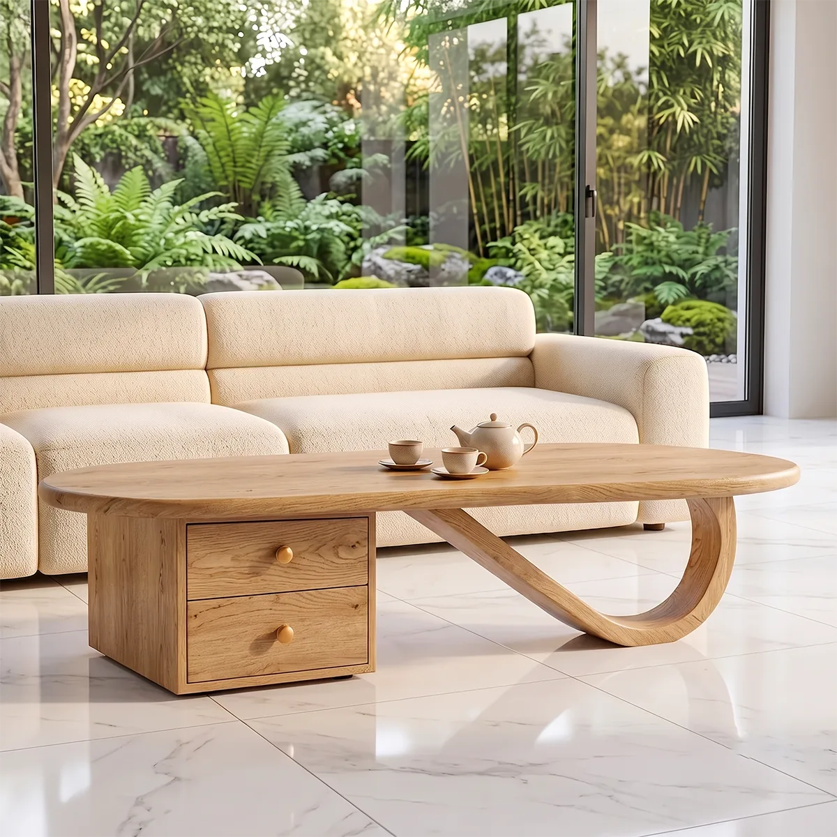 Modern Oval Coffee Table with Storage Drawers | Sculptural Contemporary Center Table for Living Room TH003-5102