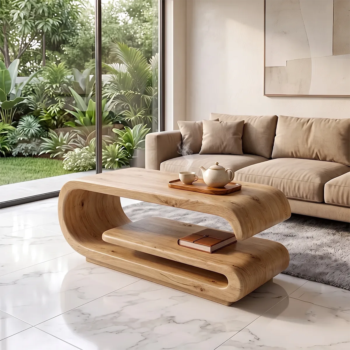 Modern Waterfall Coffee Table with Open Shelf | Contemporary Curved Center Table for Living Room TH003-6318