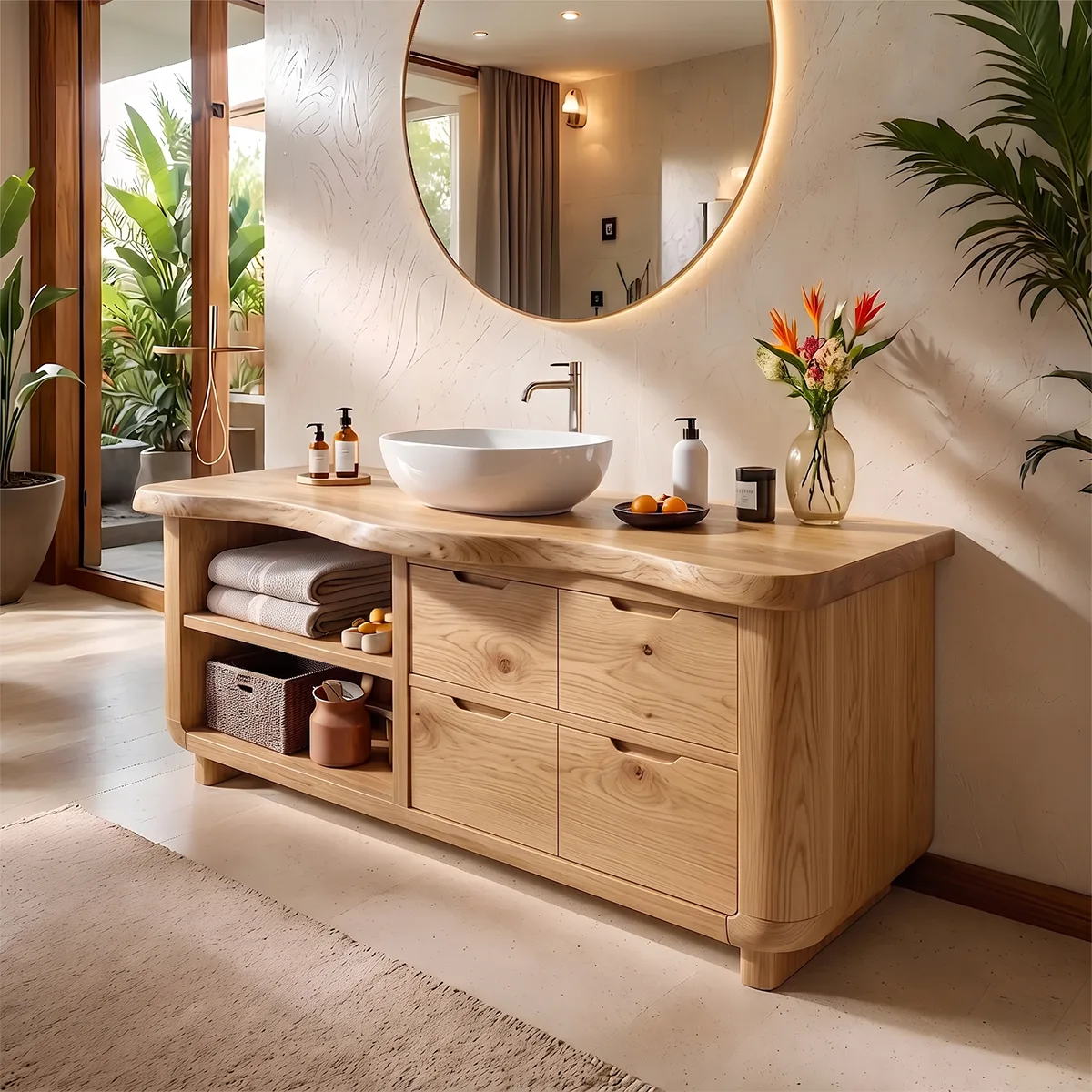 Organic Live Edge Bathroom Vanity with Open Shelving & Storage Drawers TH003-2XFK6JI