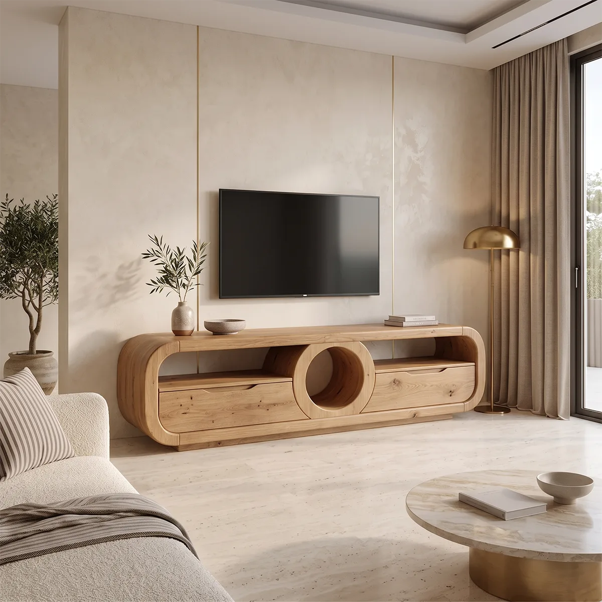 Modern TV Stand with Circular Shelf & Drawers | Sculptural Media Console TH003-7HDN2FQ