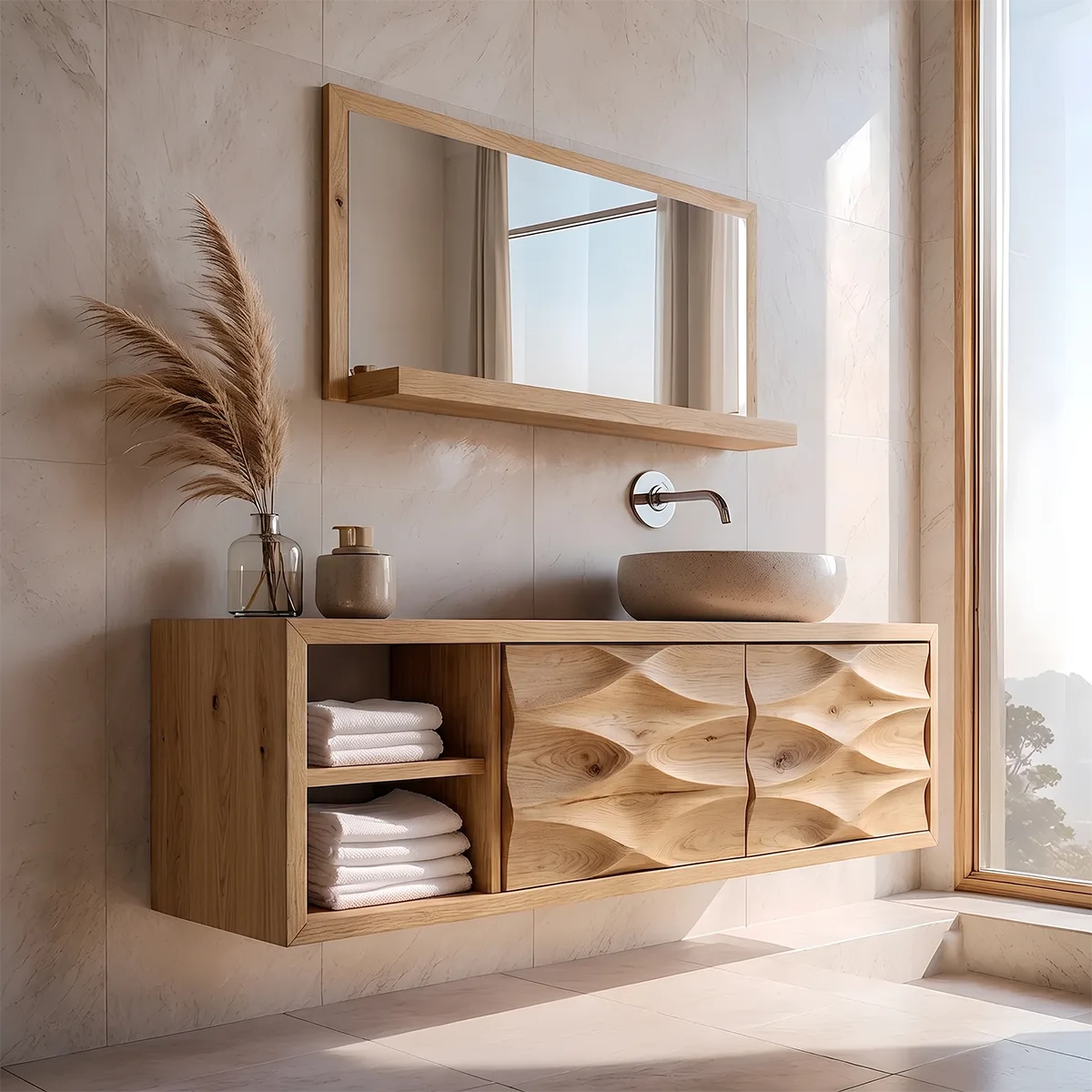 Modern Floating Bathroom Vanity with Sculpted Wave Doors | Wall-Mounted Vanity Cabinet TH003-6TQY1HS