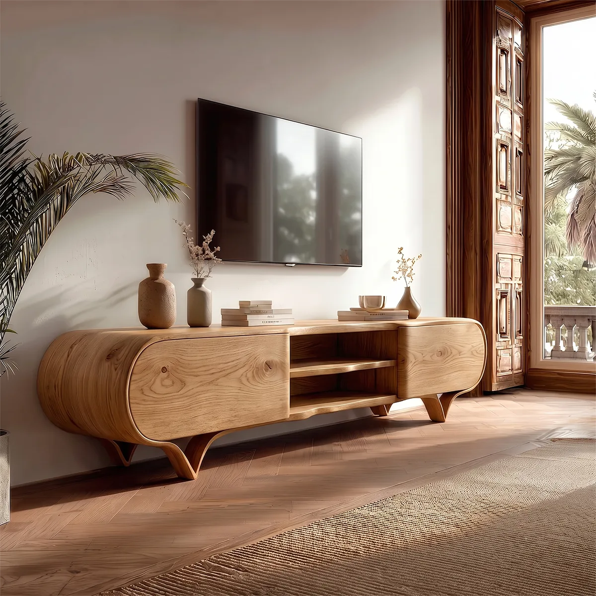 Curved 2-Door TV Stand with Open Shelves | Sculptural Modern Media Console