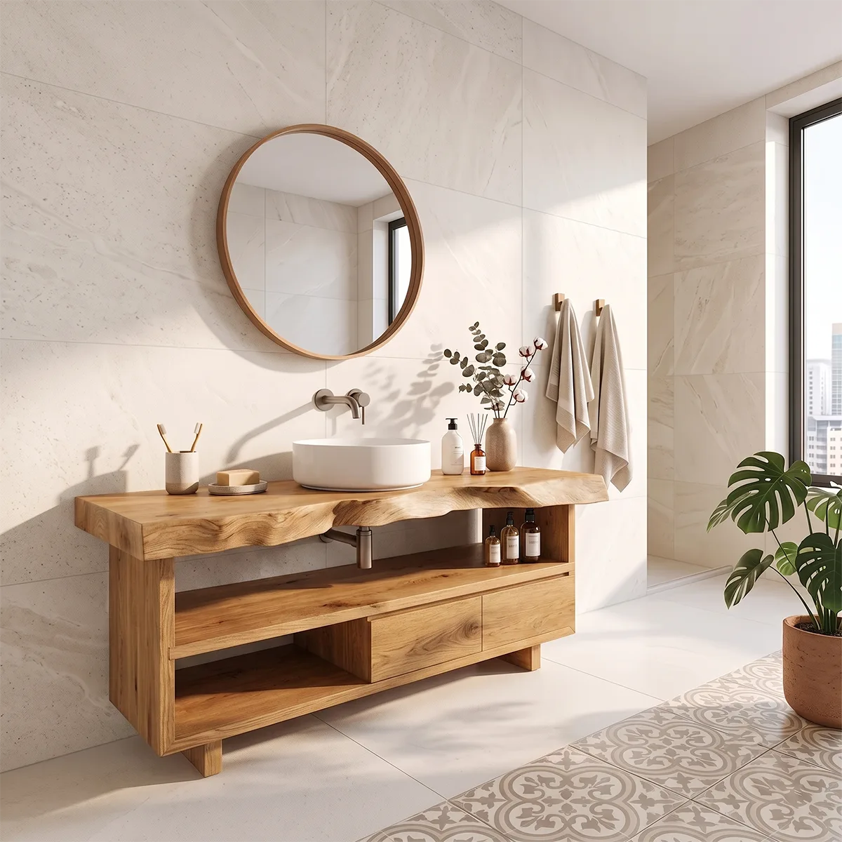 Live Edge Bathroom Vanity with Open Shelf & Drawers | Modern Organic Bathroom Cabinet