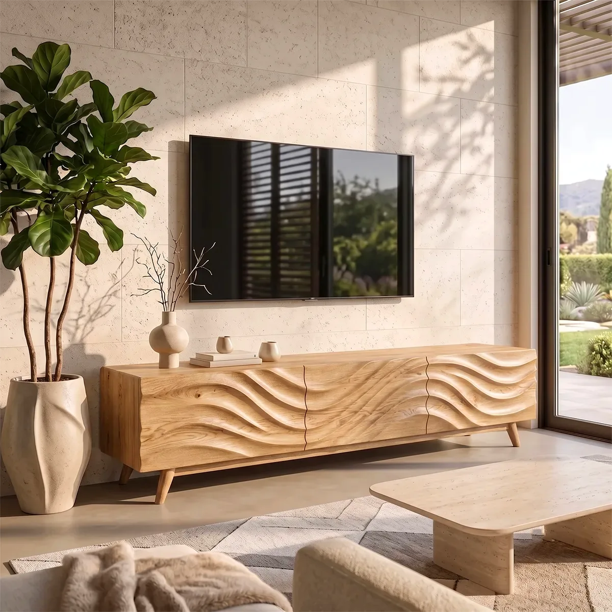 Modern Wave Front TV Stand with Dual Cabinets & Center Drawer | Contemporary Media Console TH003-9IBA7YN