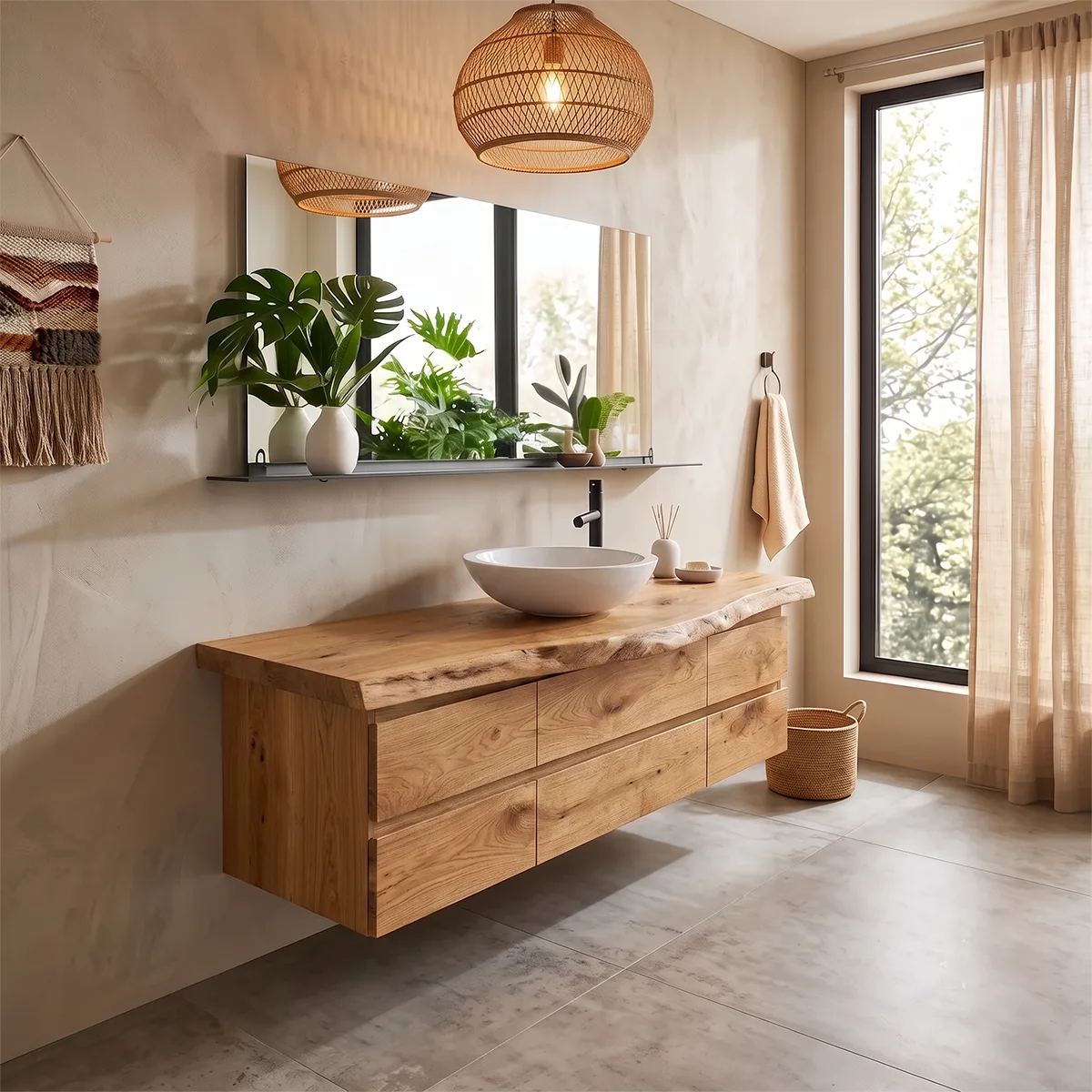 Live Edge Floating Bathroom Vanity with 6 Drawers | Modern Wall Mounted Bathroom Cabinet