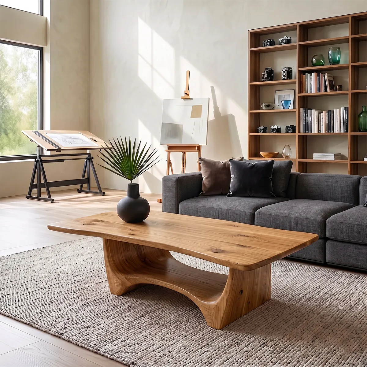 Organic Live Edge Coffee Table | Sculptural Waterfall Base Modern Living Room Table