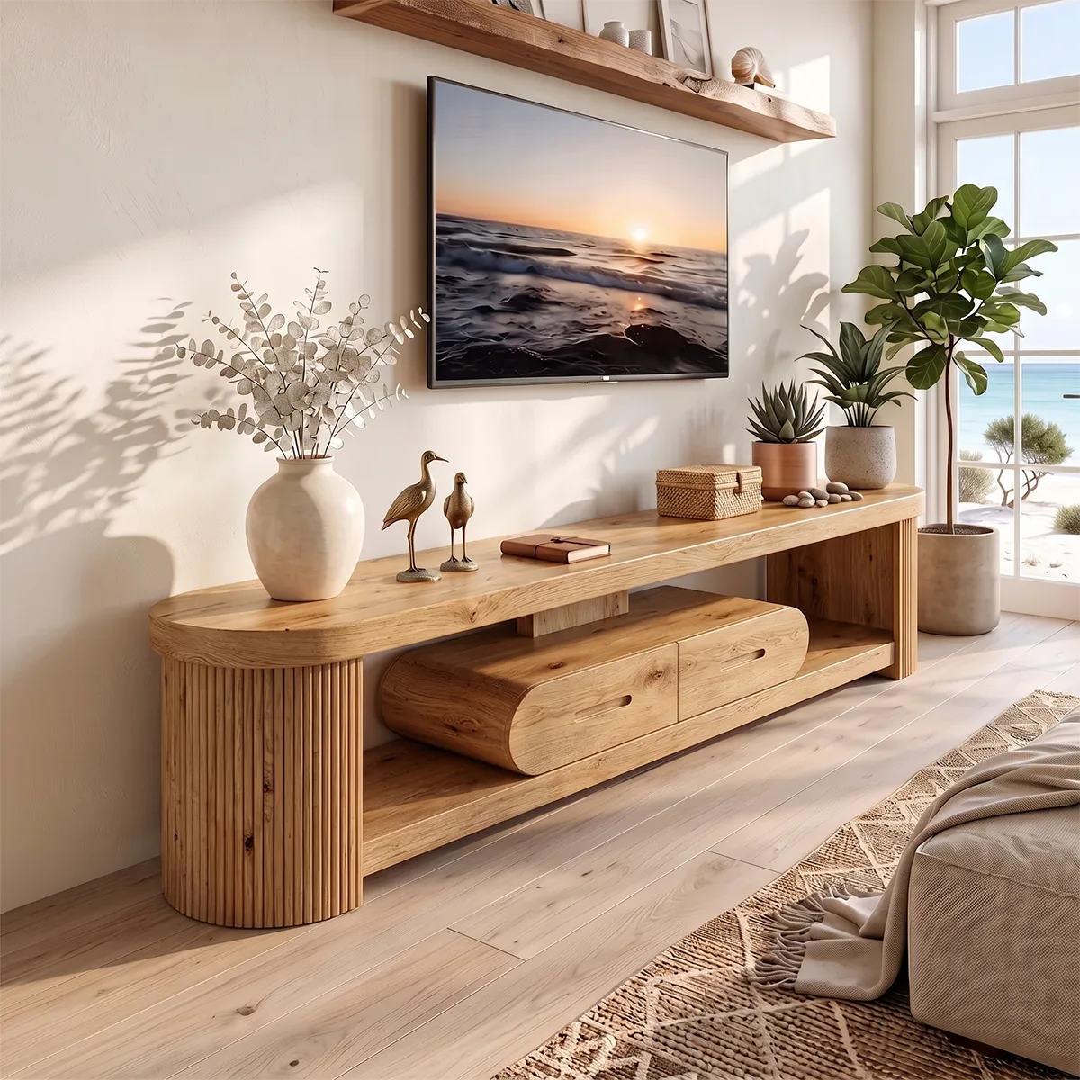 Modern Fluted TV Stand with 2 Drawers & Open Storage | Sculptural Low Profile Media Console