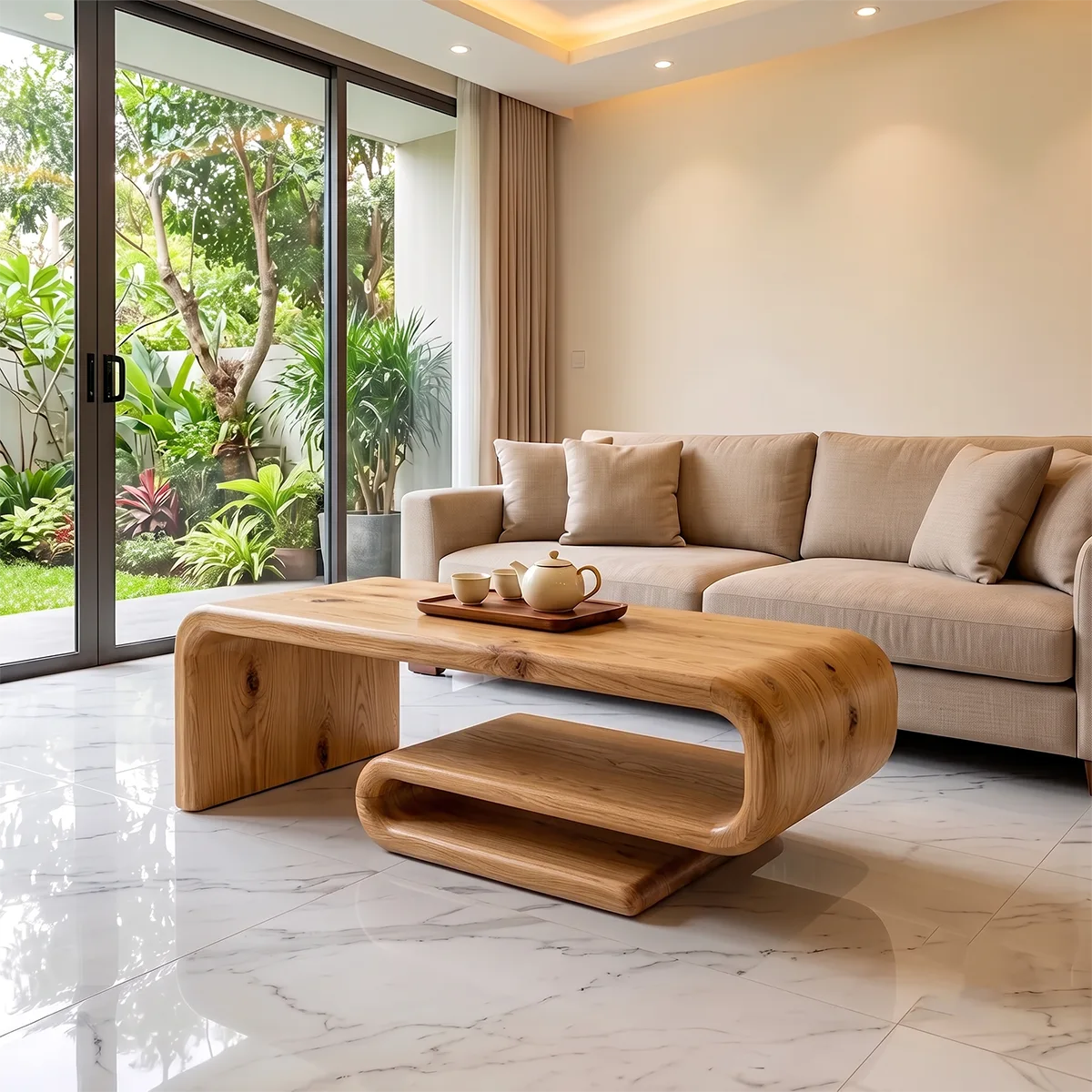 Modern Waterfall Coffee Table | Contemporary Center Table with Open Shelf Storage TH003-5383