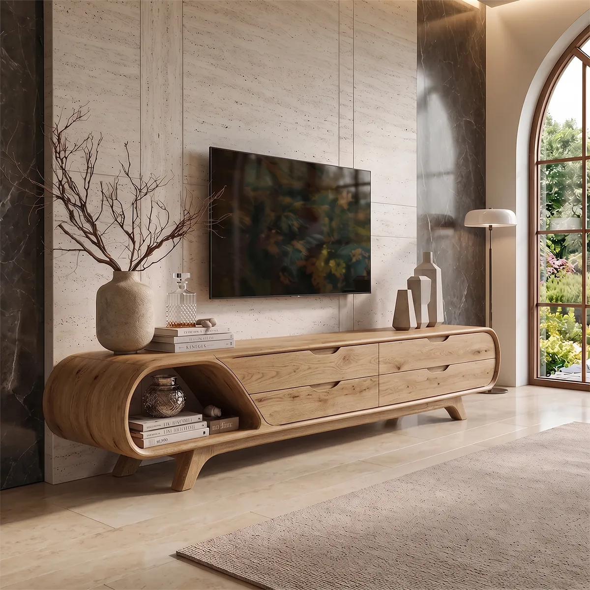 Modern Curved TV Stand with 4 Drawers & Open Shelf | Sculptural Low Profile Media Console