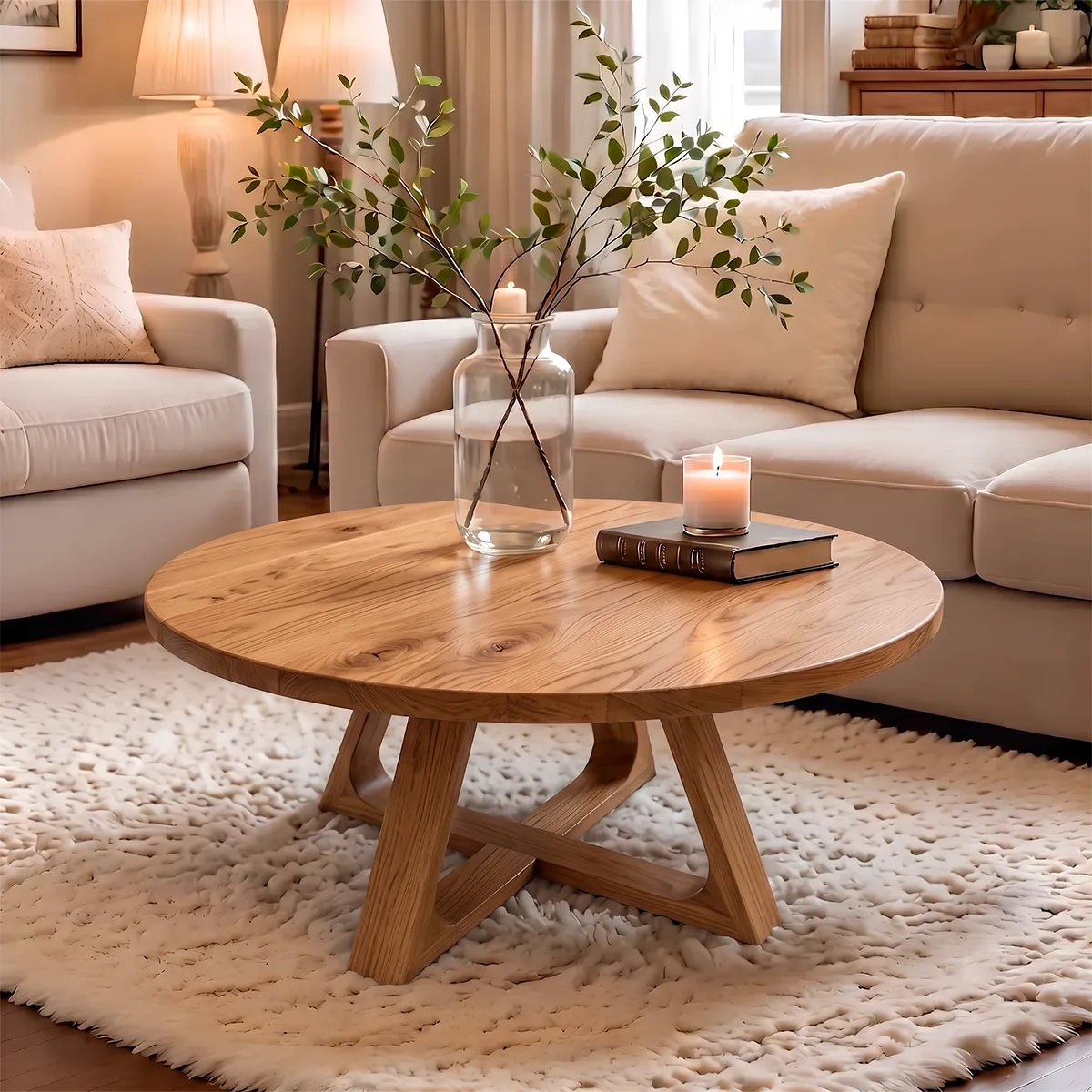 Round Wood Coffee Table with Sculptural Geometric Base | Modern Organic Center Table