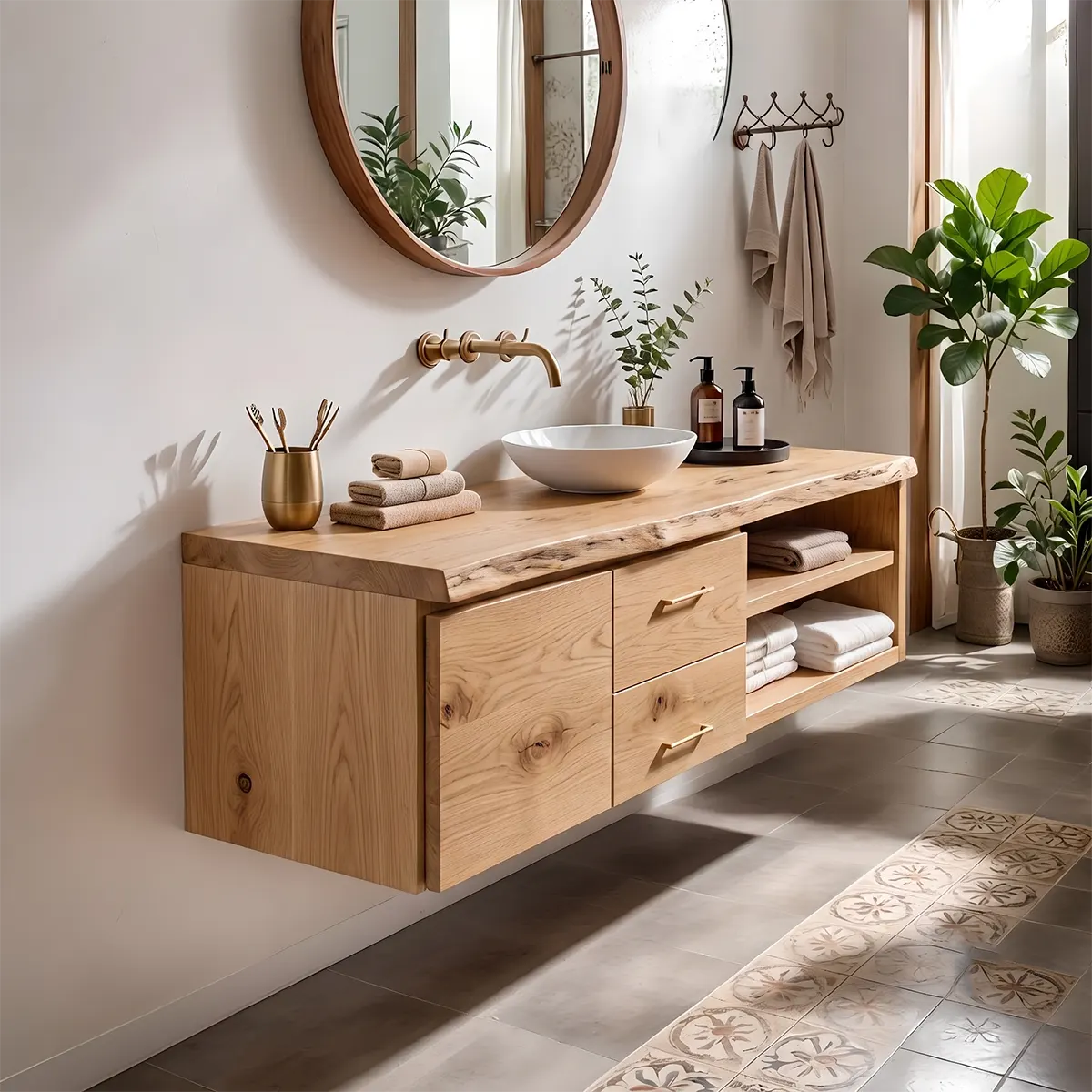 Floating Solid Wood Bathroom Vanity | Live Edge Wood Vanity with Soft-Close Drawers & Open Shelves TT006-1WVD8ID