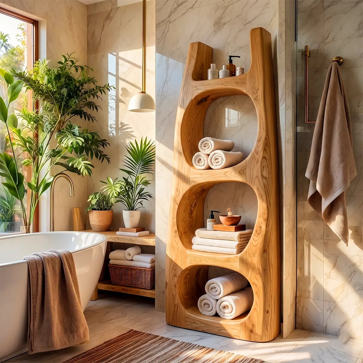 Tall Bathroom Storage Cabinet with Open Compartments & Top Shelf | Sculptural Organic Design