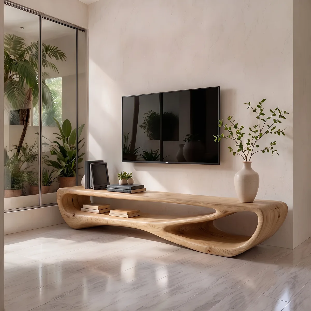 Organic Modern TV Stand with Sculptural Open Shelving & Curved Silhouette TT006-8QOM3WX