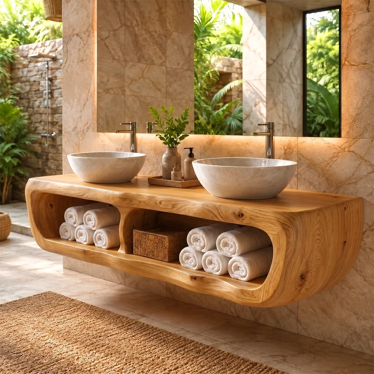 Floating Double Bathroom Vanity with Open Storage Compartments | Sculptural Organic Modern Design