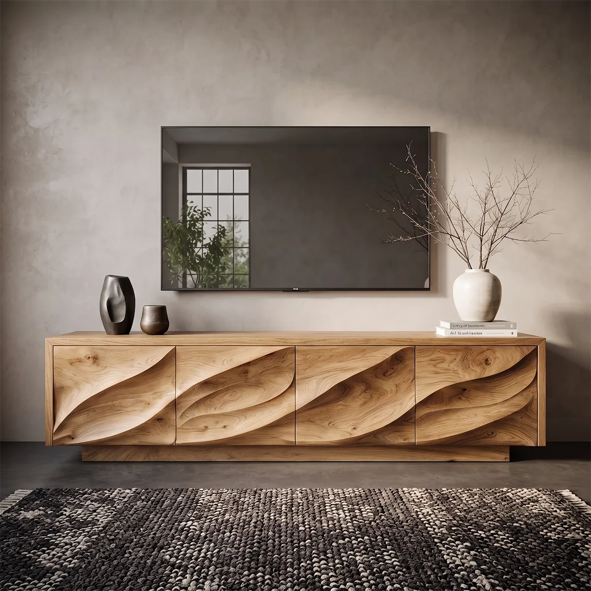 Modern Organic TV Stand with Sculpted Cabinets | Media Console TT006-9MXD1HU