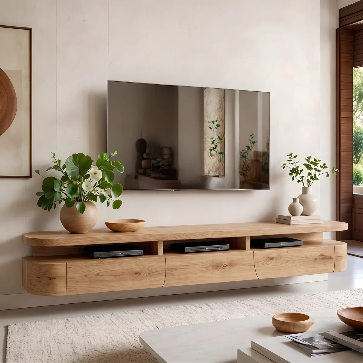 Modern Floating TV Stand with Open Media Shelf & Three Storage Drawers TT006-2WVU2VZ