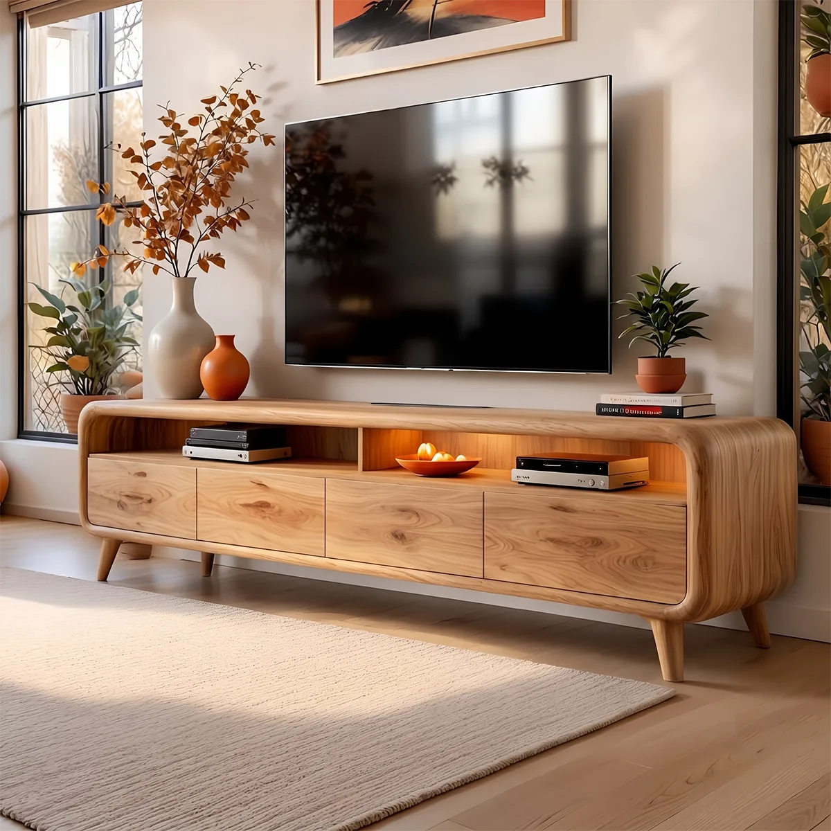 Modern TV Stand with 4 Enclosed Storage Compartments & 2 Open Media Shelves