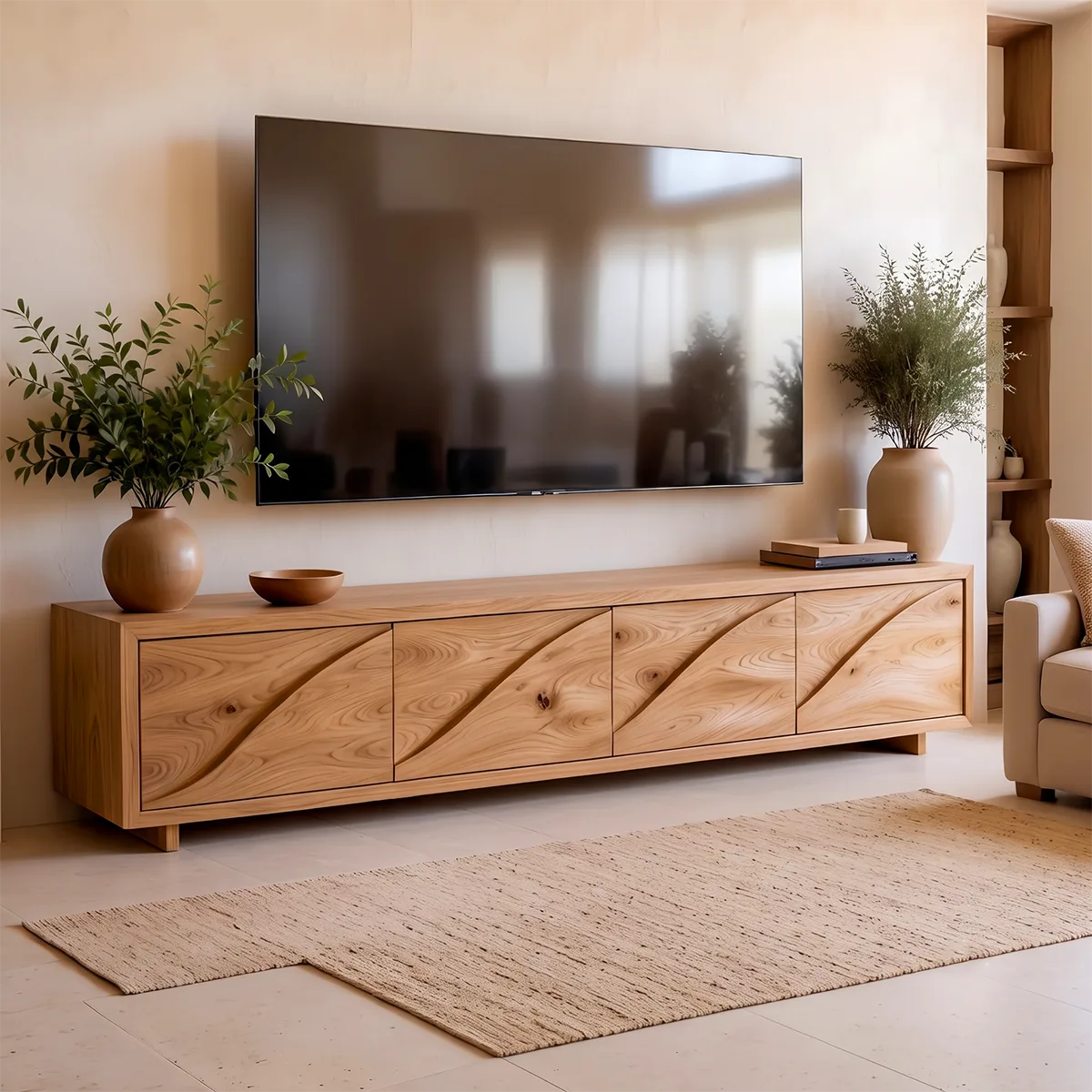 Modern TV Stand with 4 Enclosed Storage Compartments & Sculpted Wave Fronts