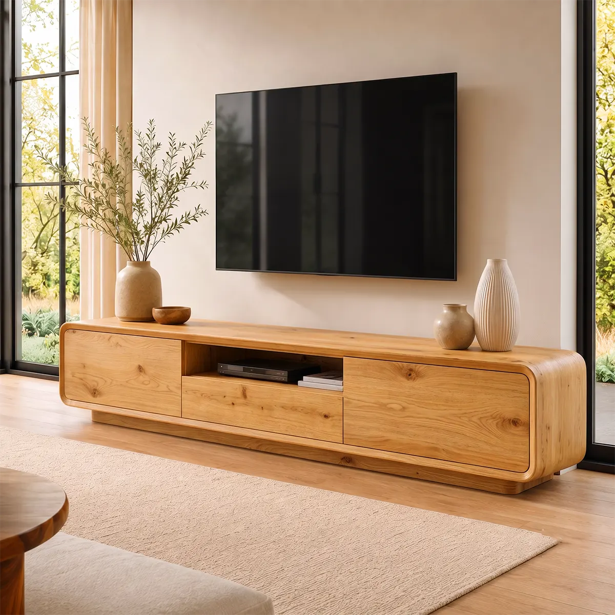 Modern Curved TV Stand with Drawer, Cabinet & Open Shelf | Low Profile Media Console