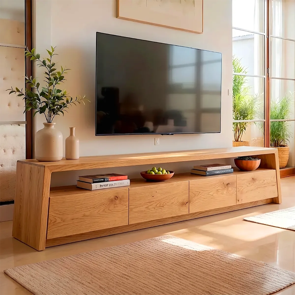 Modern TV Stand with 4 Enclosed Storage Compartments & Open Media Shelf