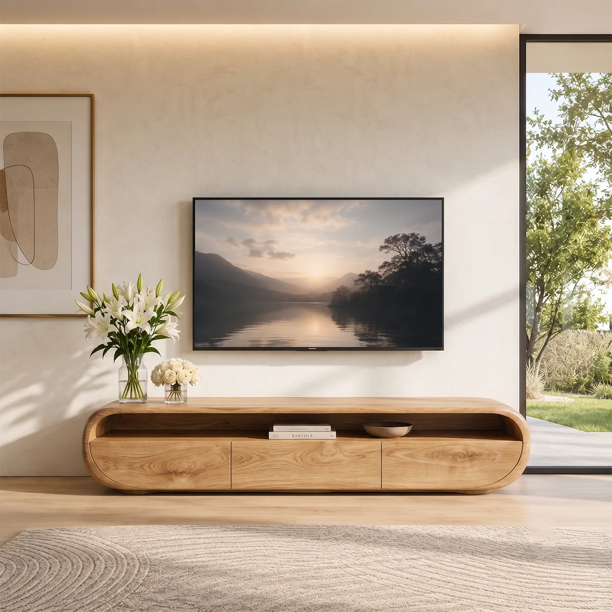 Organic Modern TV Stand with Open Shelf & 3 Drawers | Modern Media Console TT006-5REB7GU