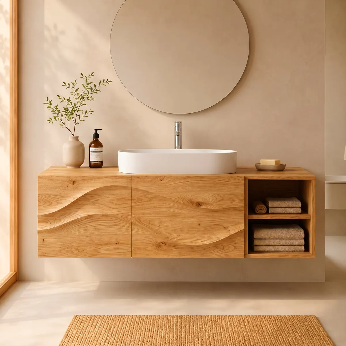 Floating Bathroom Vanity with 2 Doors | Carved Wave Front & Open Storage Shelves