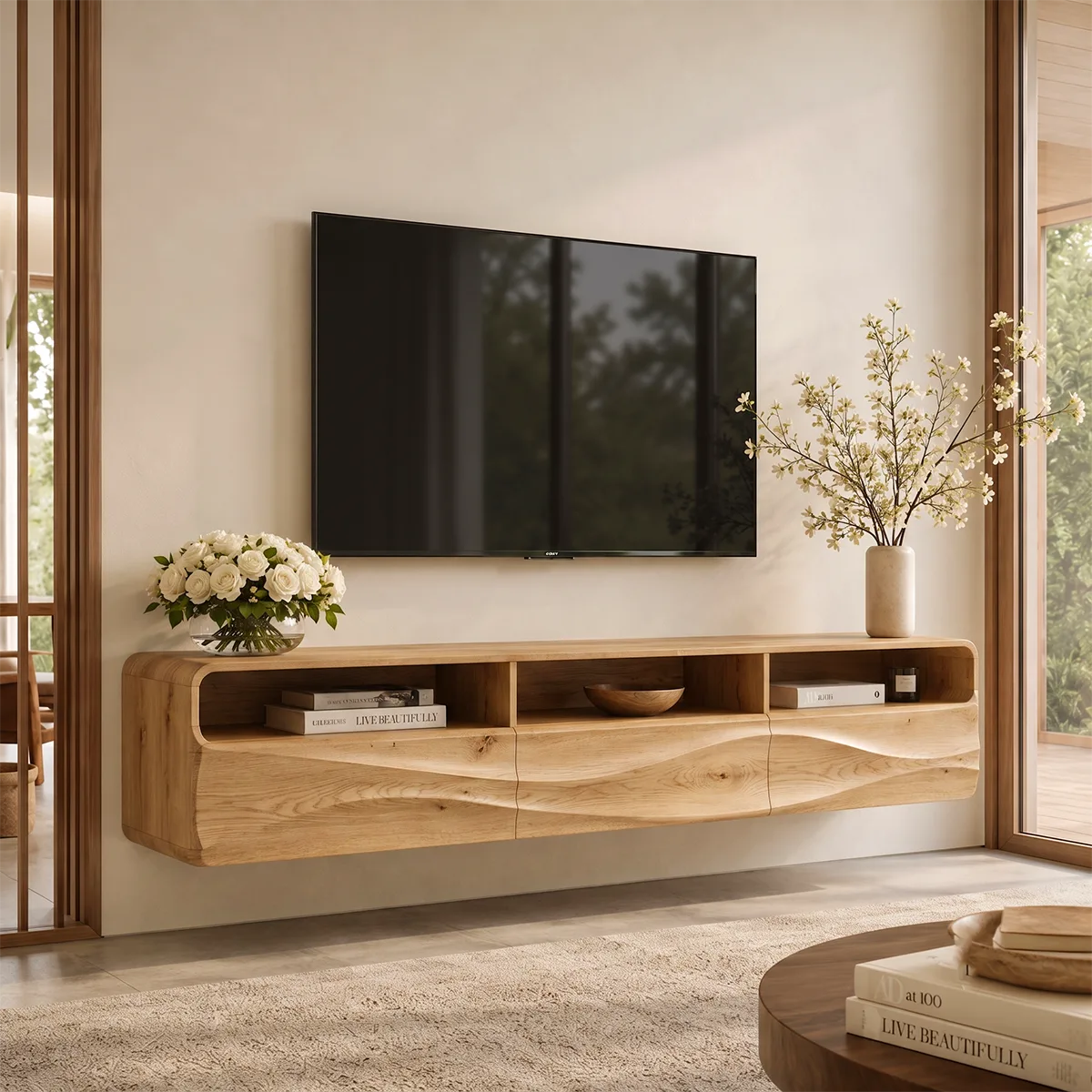 Floating TV Stand with Open Shelving & Three Drawers | Organic Modern TV Console TT006-5STK9KO