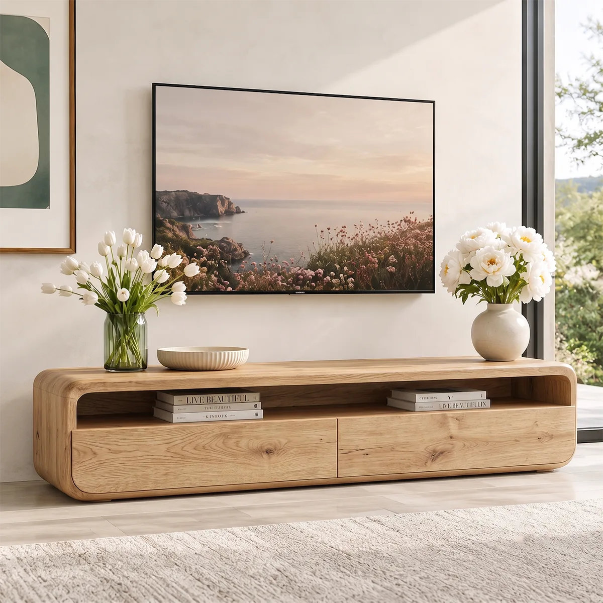 Modern TV Stand with Open Shelf & 2 Large Drawers | Minimalist Media Console TT006-2PMS8ZG