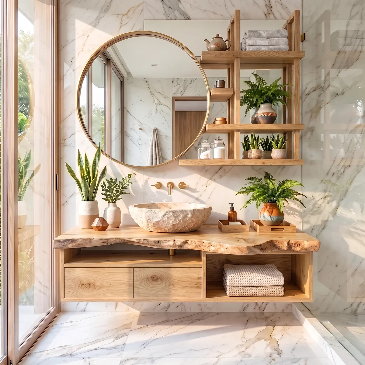 Live Edge Floating Bathroom Vanity with Drawers & Open Shelf | Solid Wood Wall Mounted Bathroom Vanity TT006-9VCQ2QP